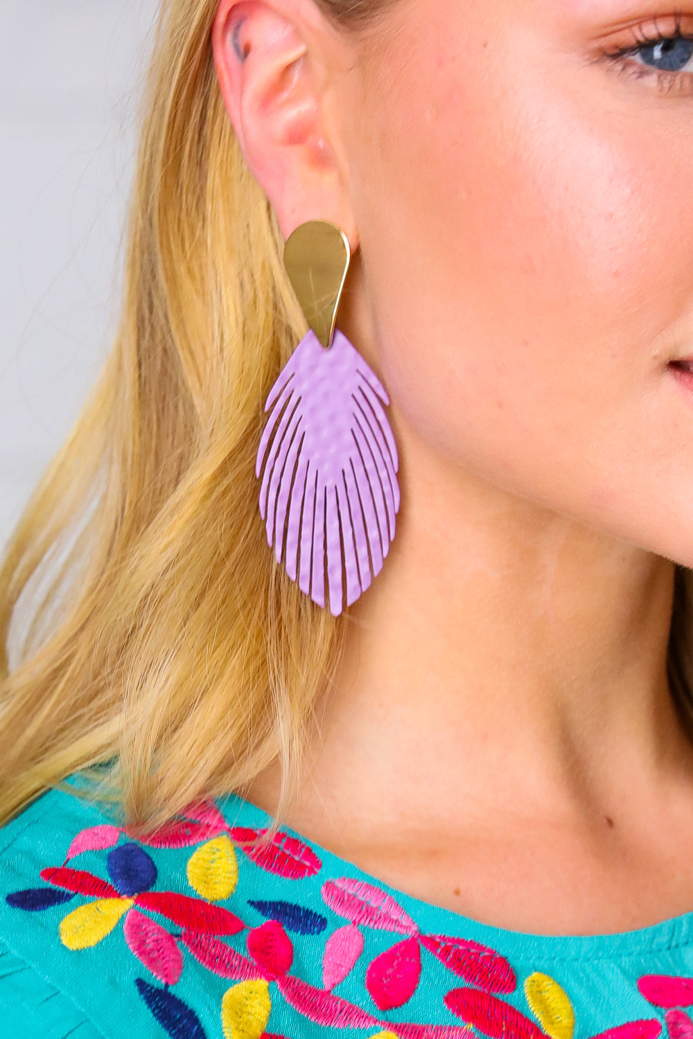 Lilac & Gold Leather Fringe Feather Earrings ARCH