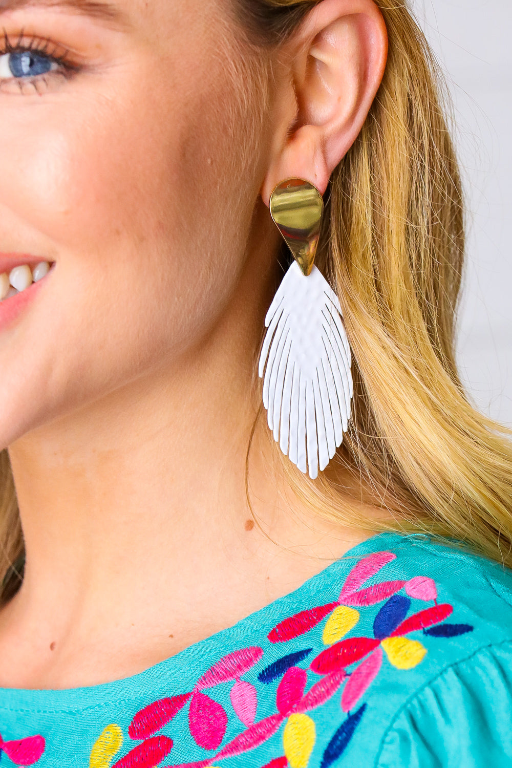 Off White & Gold Leather Fringe Feather Earrings ARCH