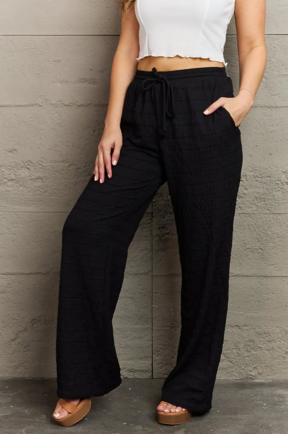 GeeGee Dainty Delights Textured High Waisted Pant in Black Trendsi