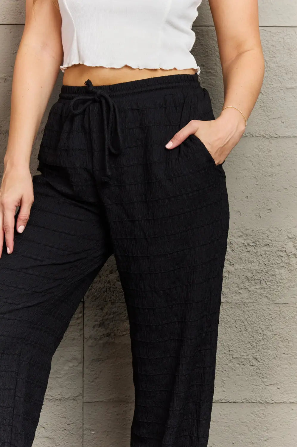 GeeGee Dainty Delights Textured High Waisted Pant in Black Trendsi