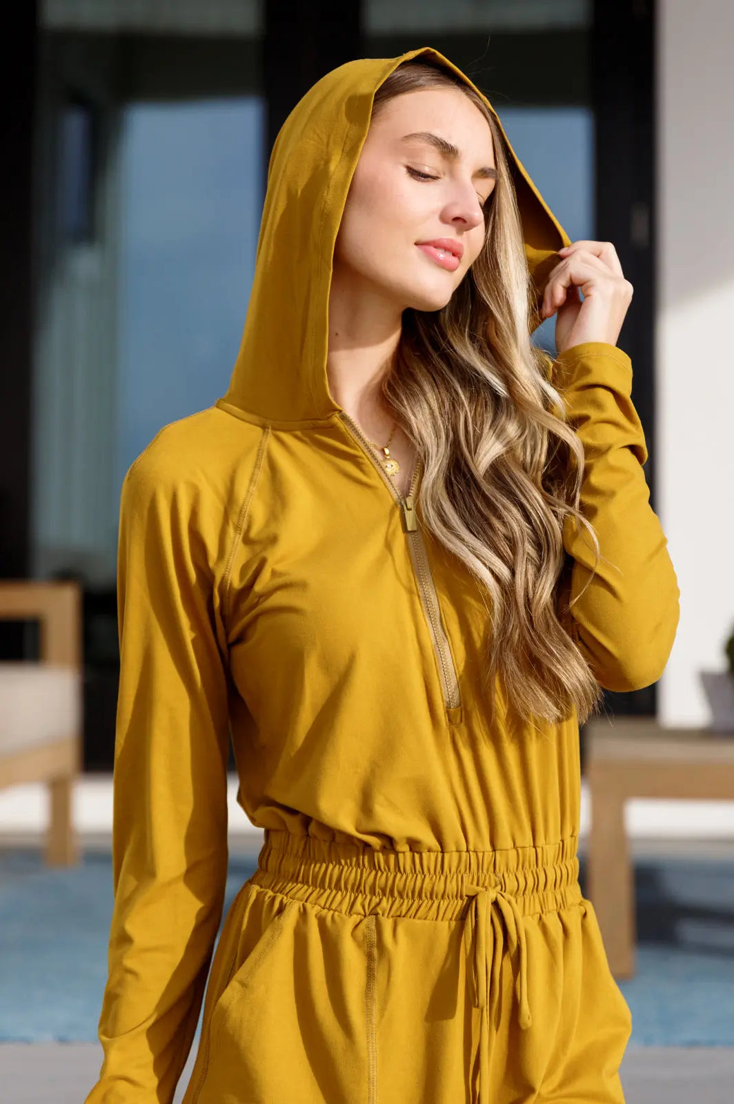 Getting Out Long Sleeve Hoodie Romper Gold Spice Ave Shops