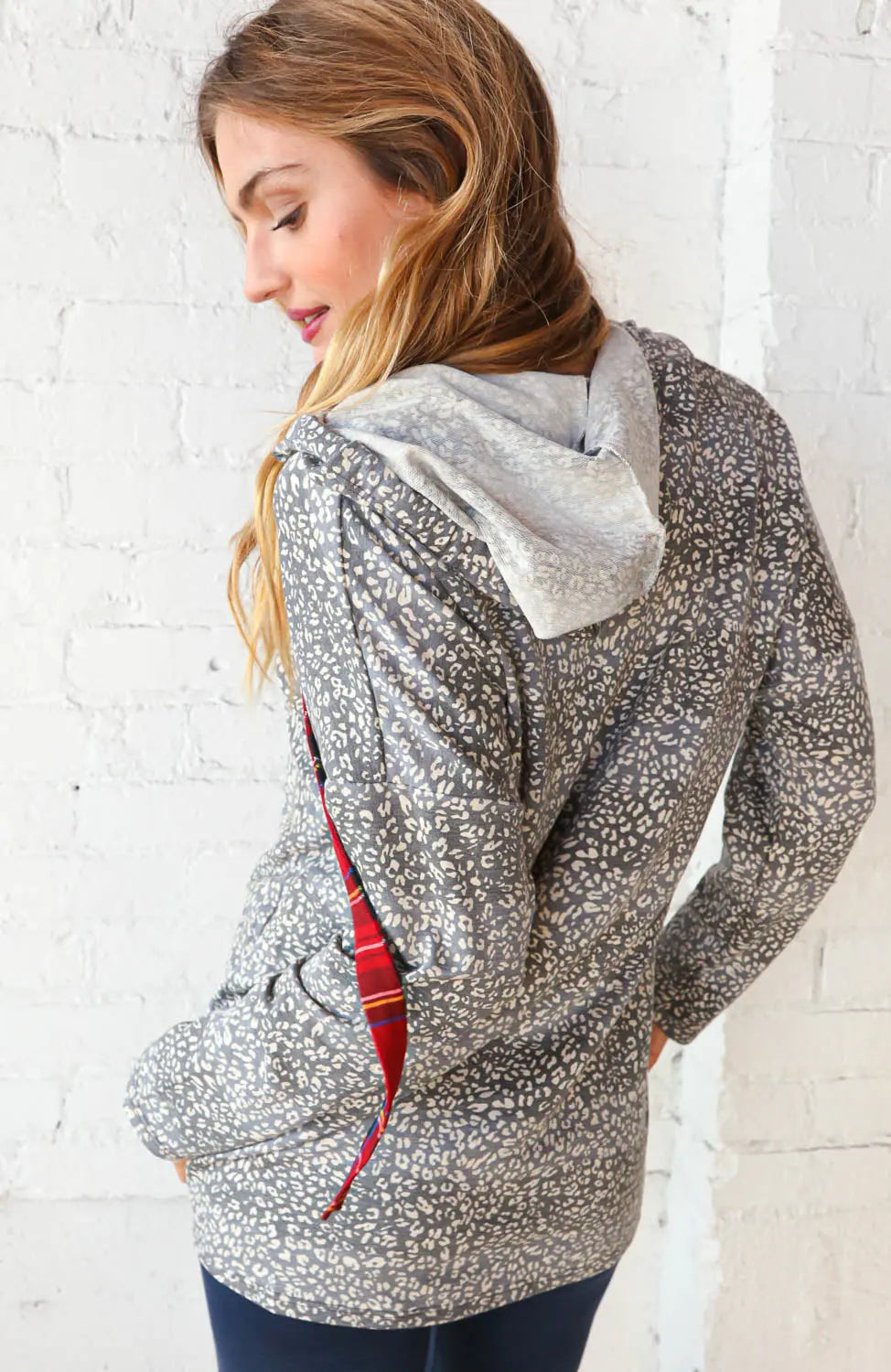 Grey Leopard Print & Plaid Drawstring Hoodie Now and Forever