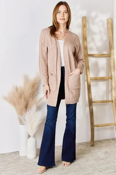 Hailey & Co Full Size Cable-Knit Pocketed Cardigan Trendsi