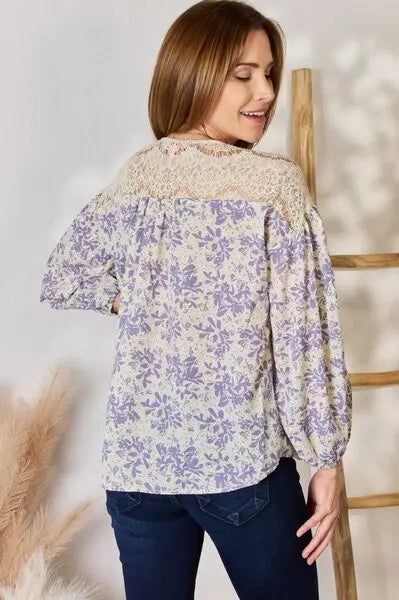 Hailey & Co Full Size Lace Detail Printed Blouse Trendsi