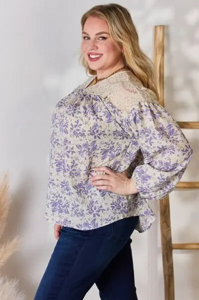 Hailey & Co Full Size Lace Detail Printed Blouse Trendsi