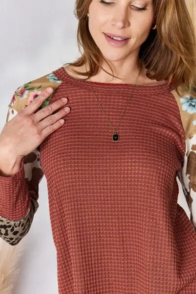 Hailey & Co Full Size Leopard Waffle-Knit Blouse Trendsi