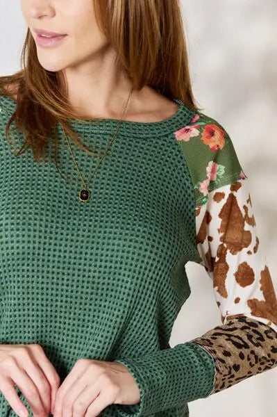 Hailey & Co Full Size Waffle-Knit Leopard Blouse Trendsi