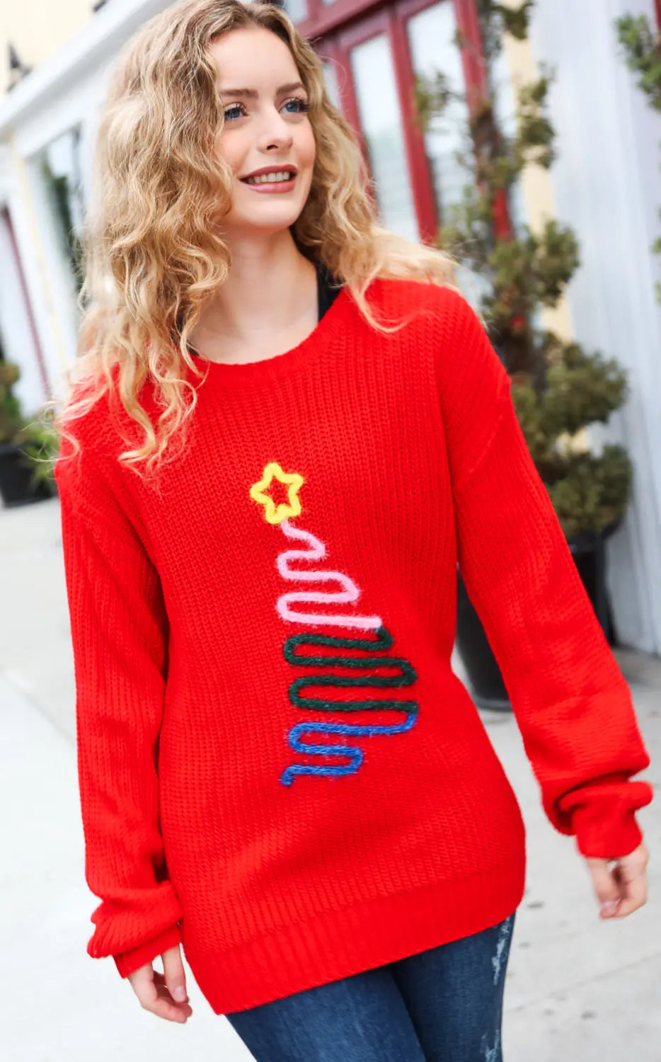 Haptics All I Want Red Christmas Tree Lurex Embroidery Sweater Haptics