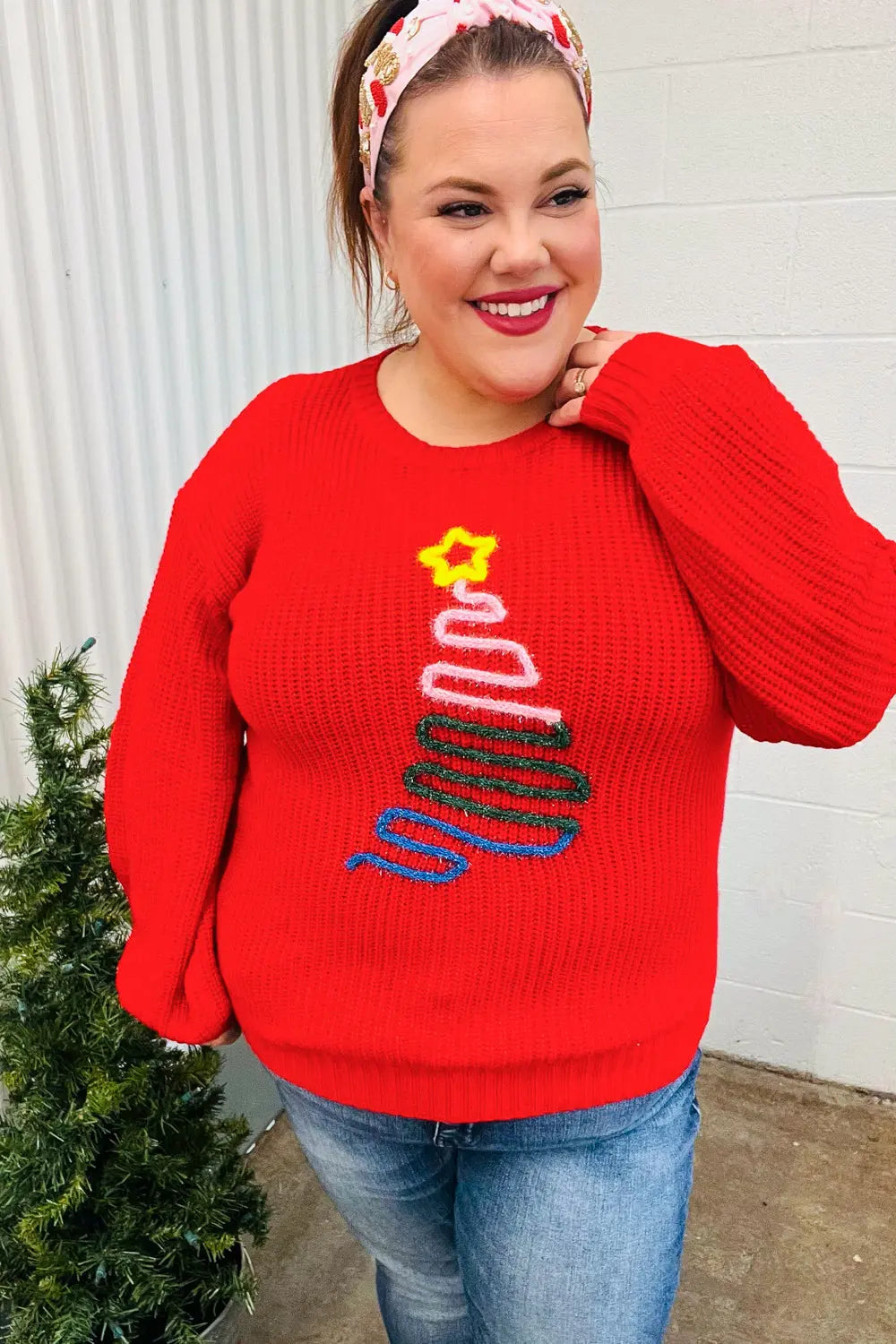 Haptics All I Want Red Christmas Tree Lurex Embroidery Sweater Haptics