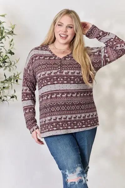 Heimish Full Size Christmas Element Buttoned Long Sleeve Top Trendsi