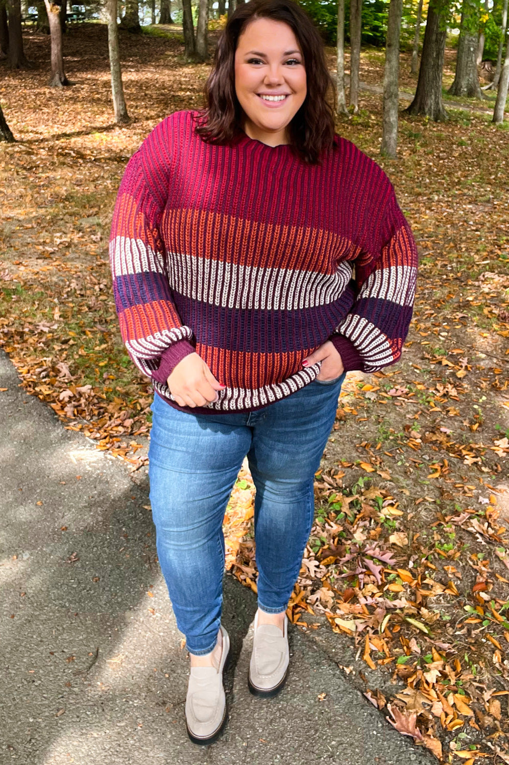 Take All Of Me Burgundy & Navy Stripe Oversized Sweater Haptics