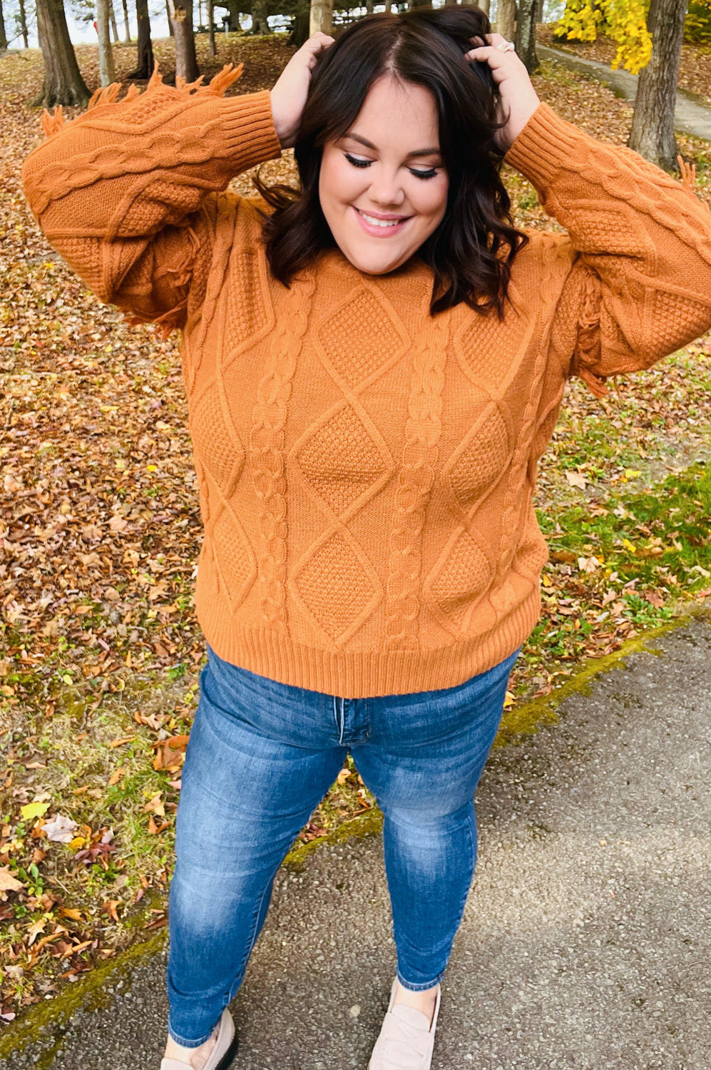 Joyful Days Rust Cable Knit Tassel Fringe Sweater Haptics