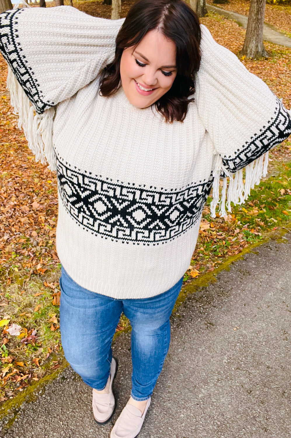 Ready For Anything Taupe & Black Tassel Aztec Sweater Haptics