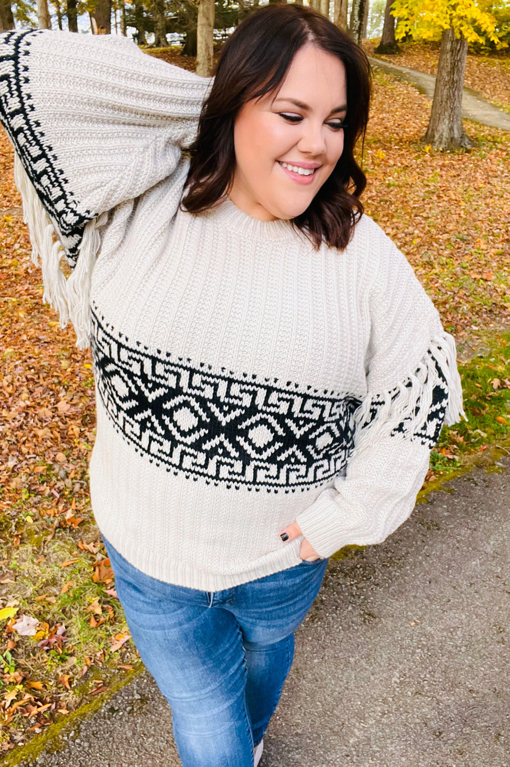 Ready For Anything Taupe & Black Tassel Aztec Sweater Haptics