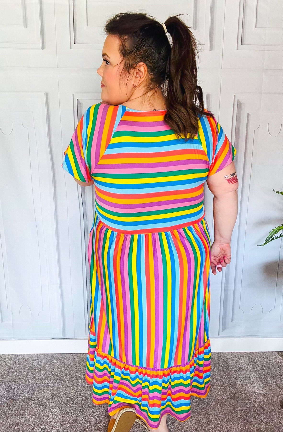 Bright Thoughts Rainbow Stripe Flutter Sleeve Fit & Flare Midi Dress Haptics