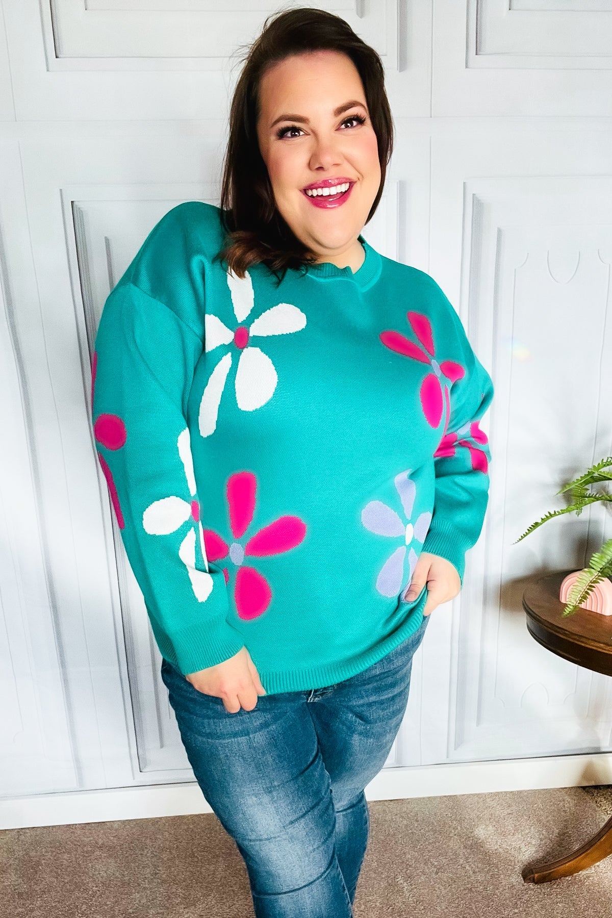 Adorable Turquoise Daisy Flower Jacquard Pullover Sweater Haptics