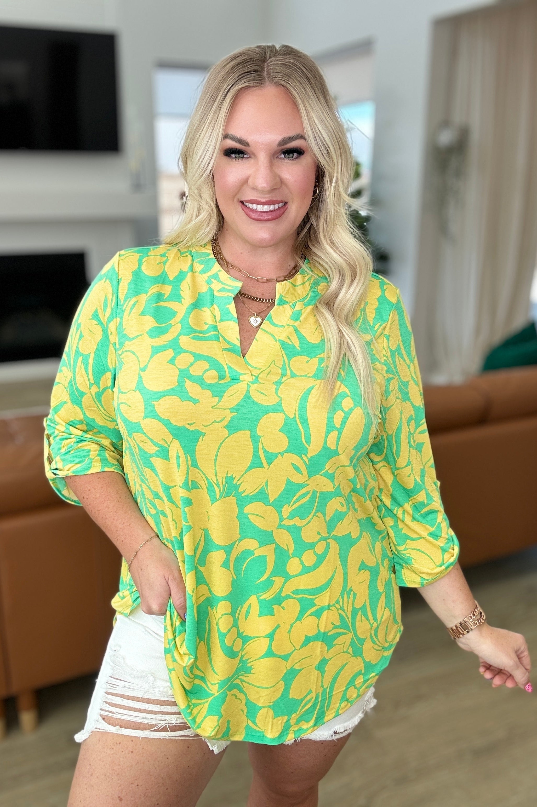 Lizzy Top in Kelly Green and Yellow Floral Ave Shops