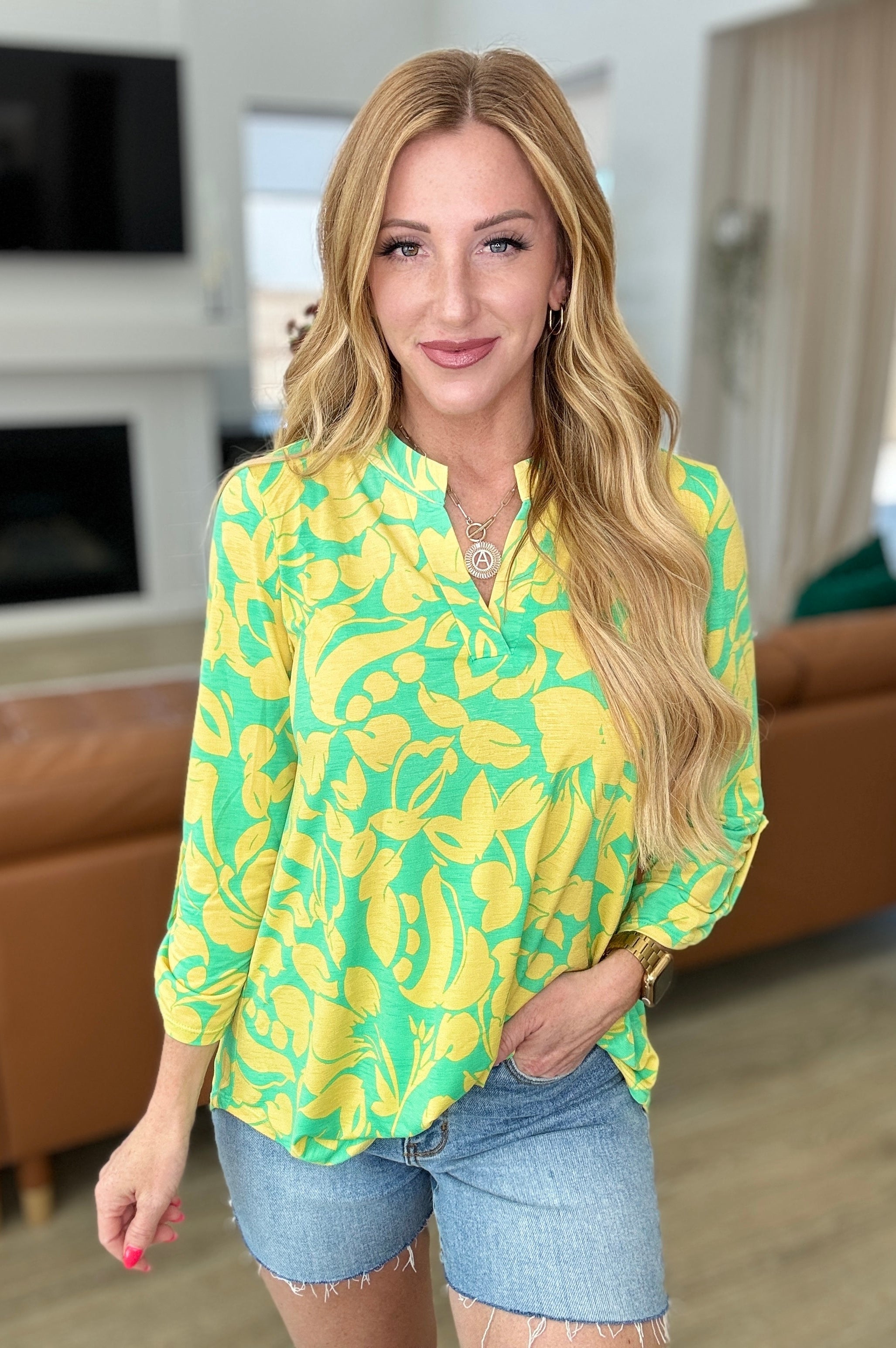 Lizzy Top in Kelly Green and Yellow Floral Ave Shops
