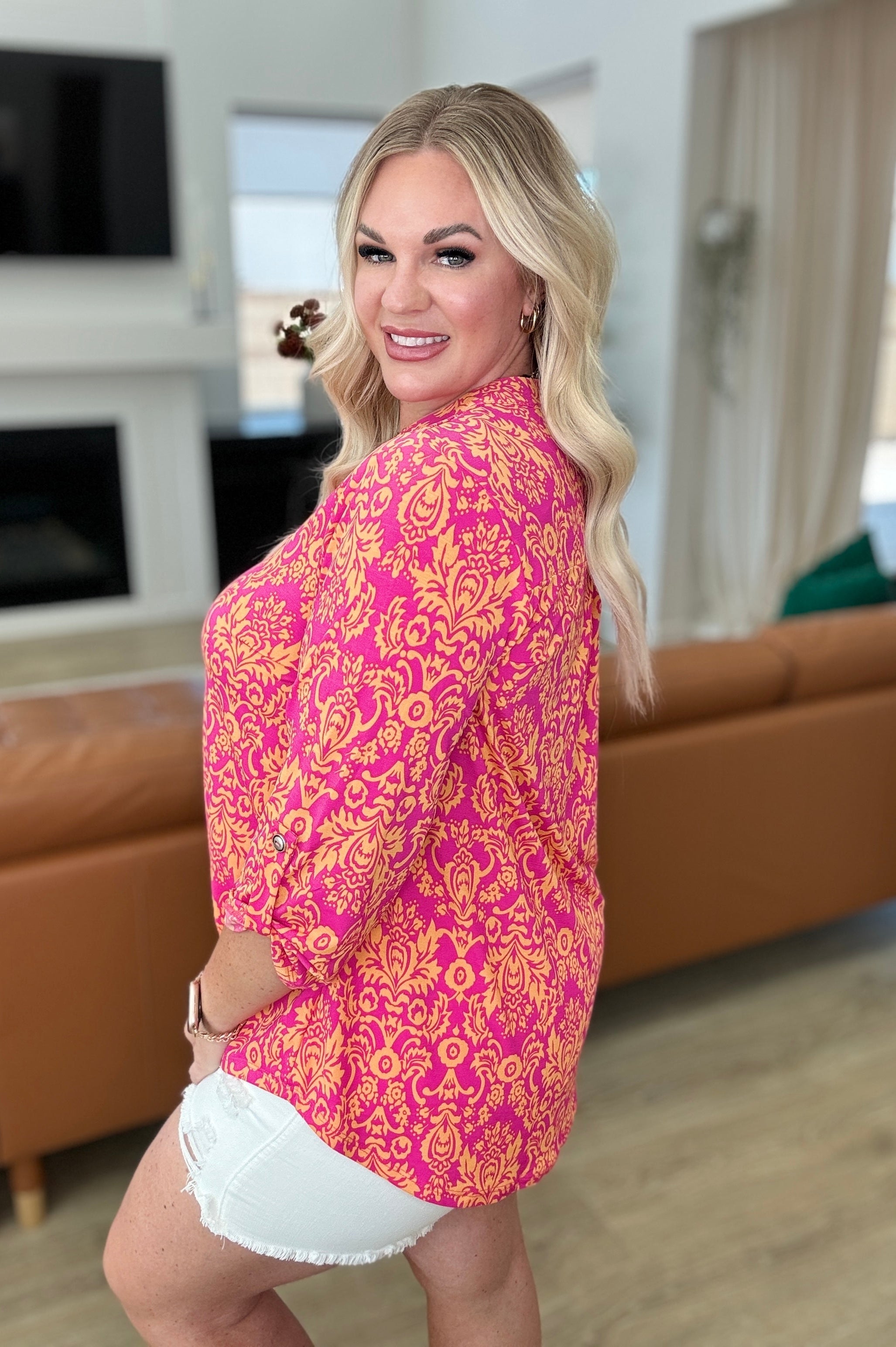 Lizzy Top in Hot Pink and Tangerine Damask Ave Shops
