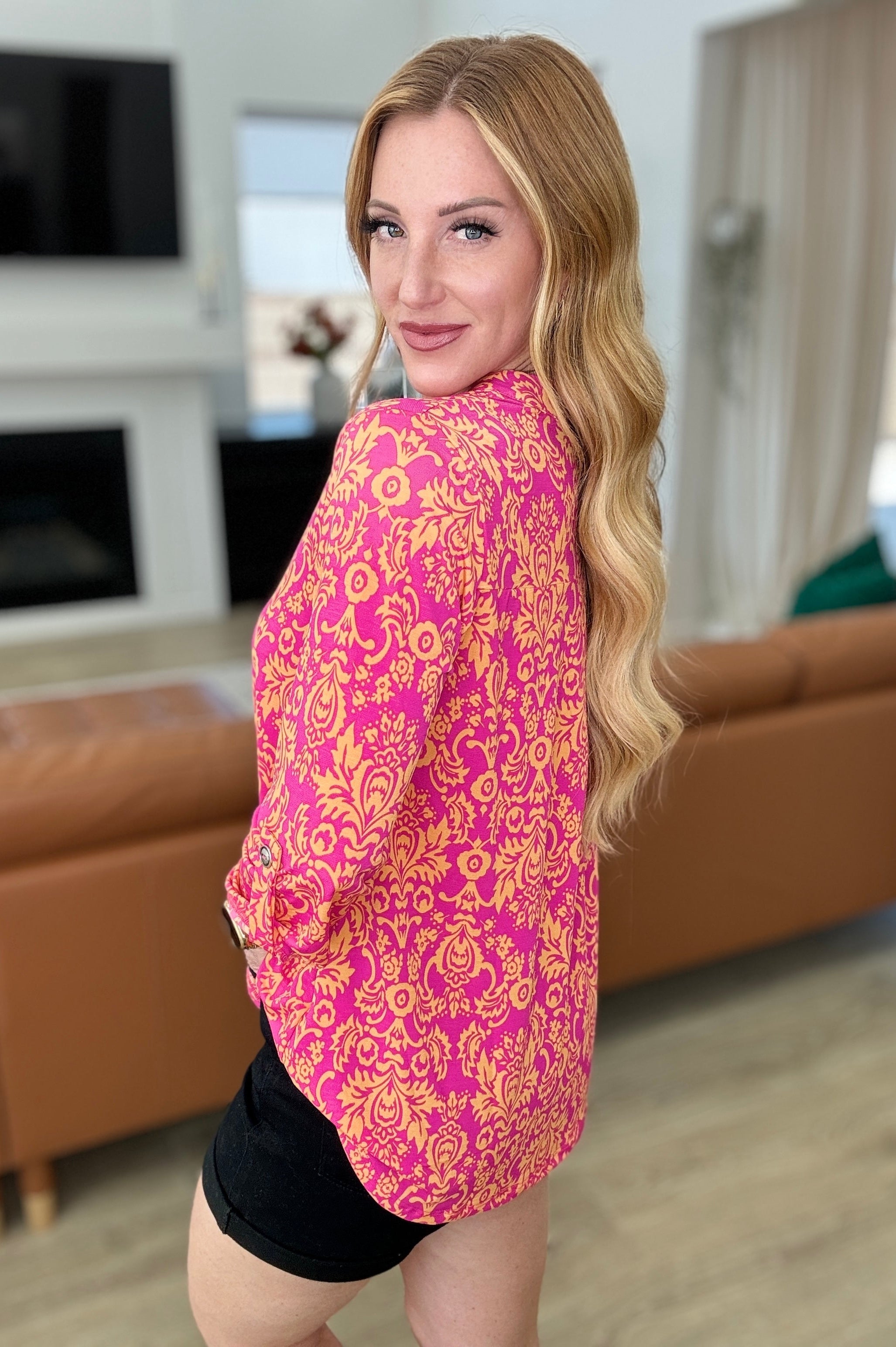 Lizzy Top in Hot Pink and Tangerine Damask Ave Shops