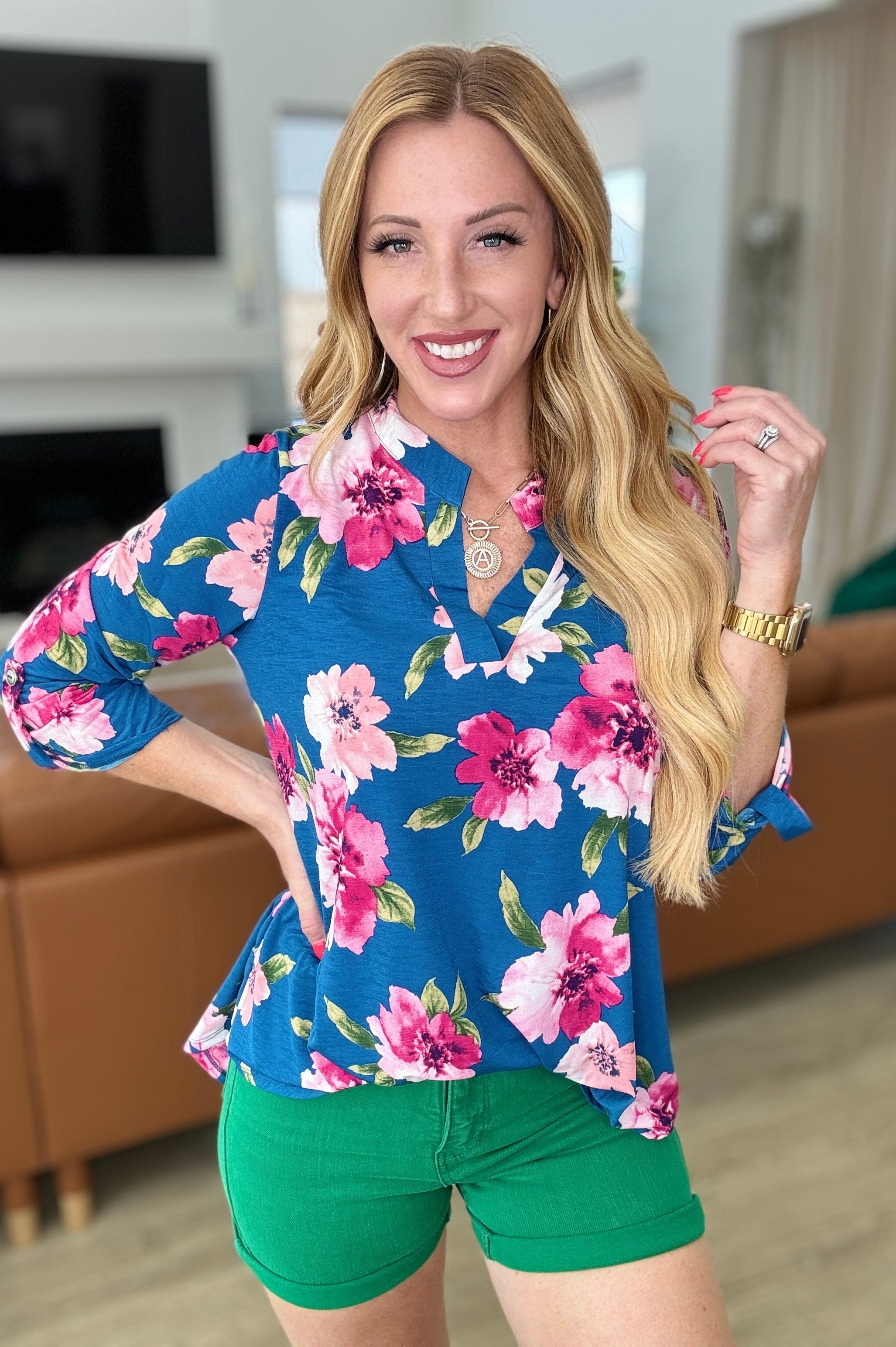 Lizzy Top in Teal and Magenta Floral Ave Shops