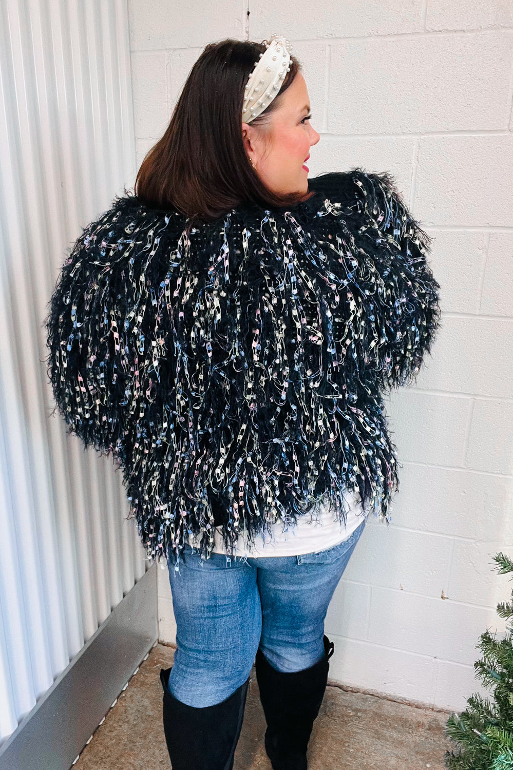Dazzling Black & Multicolor Fuzzy Fringe Knit Cardigan Haptics