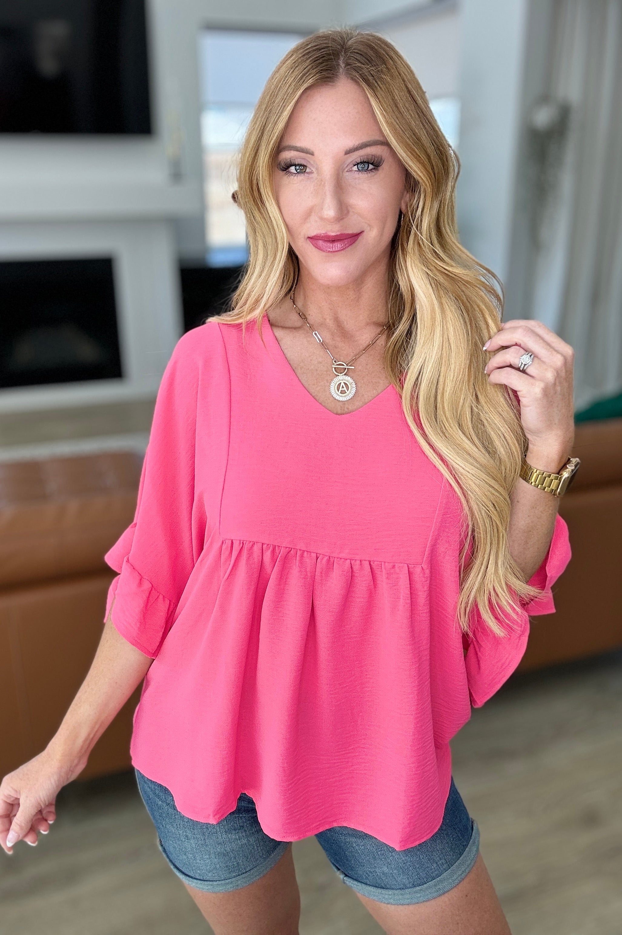 Airflow Peplum Ruffle Sleeve Top in Hot Pink Ave Shops