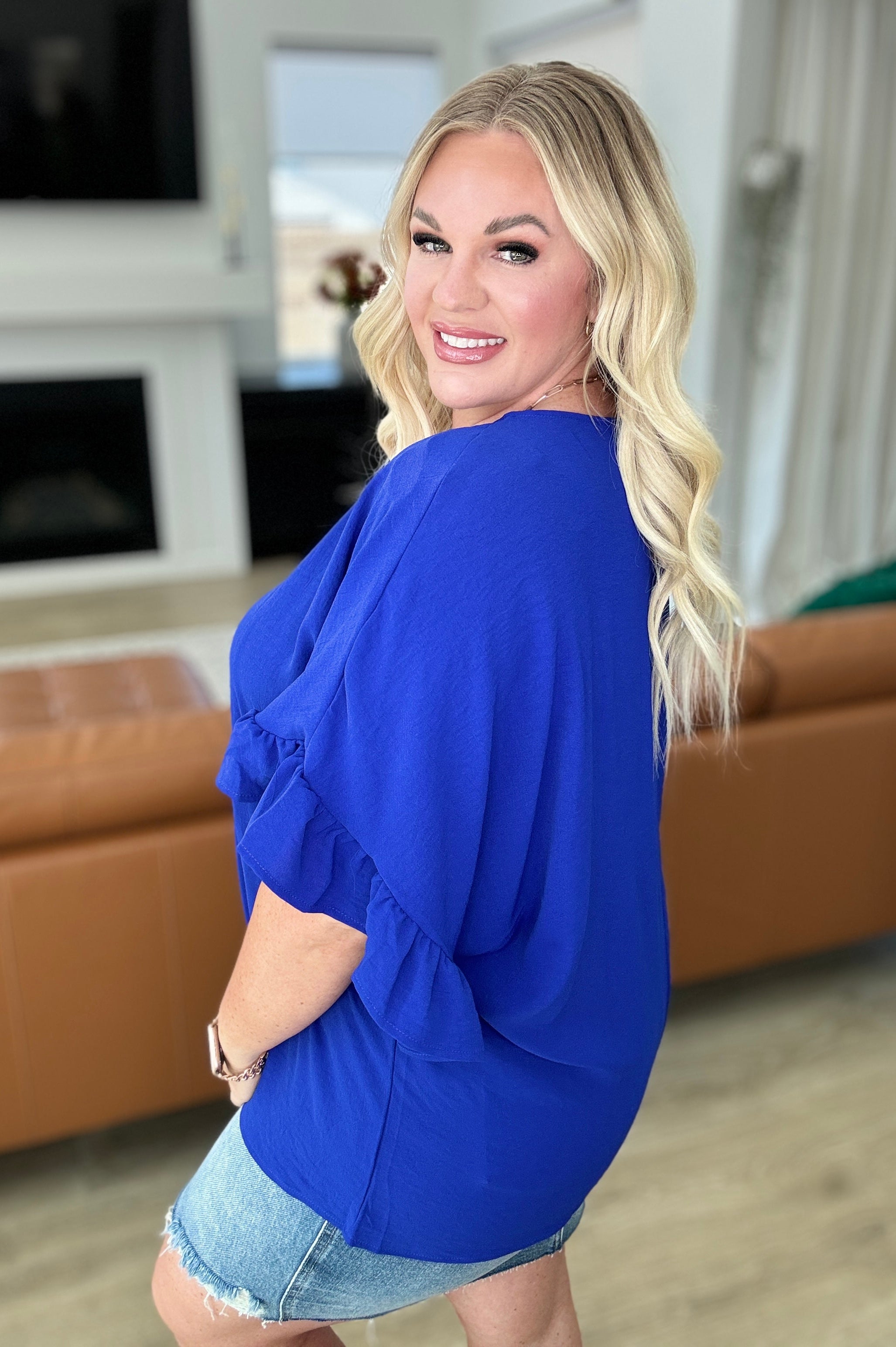 Airflow Peplum Ruffle Sleeve Top in Royal Blue Ave Shops
