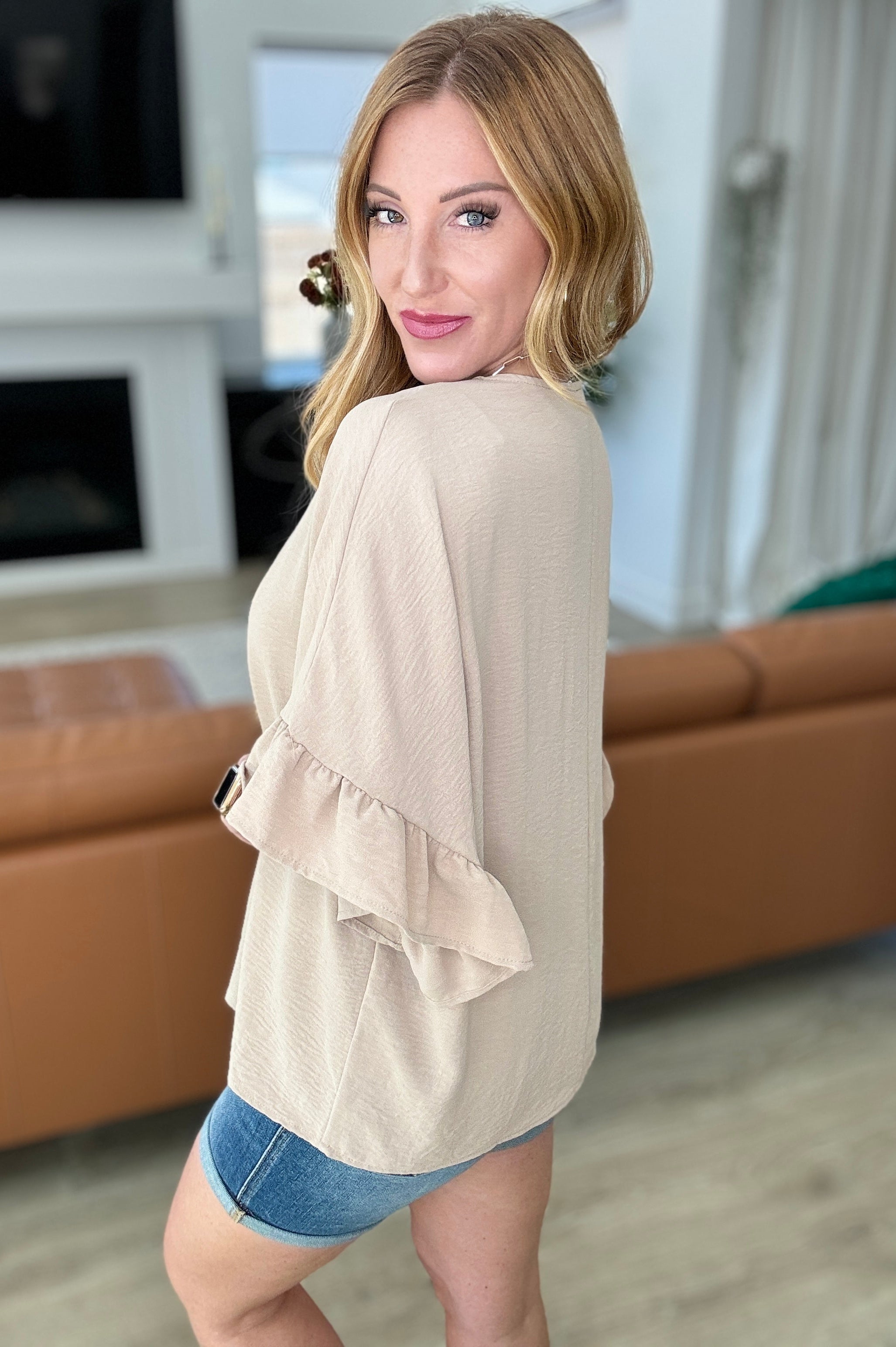 Airflow Peplum Ruffle Sleeve Top in Taupe Ave Shops