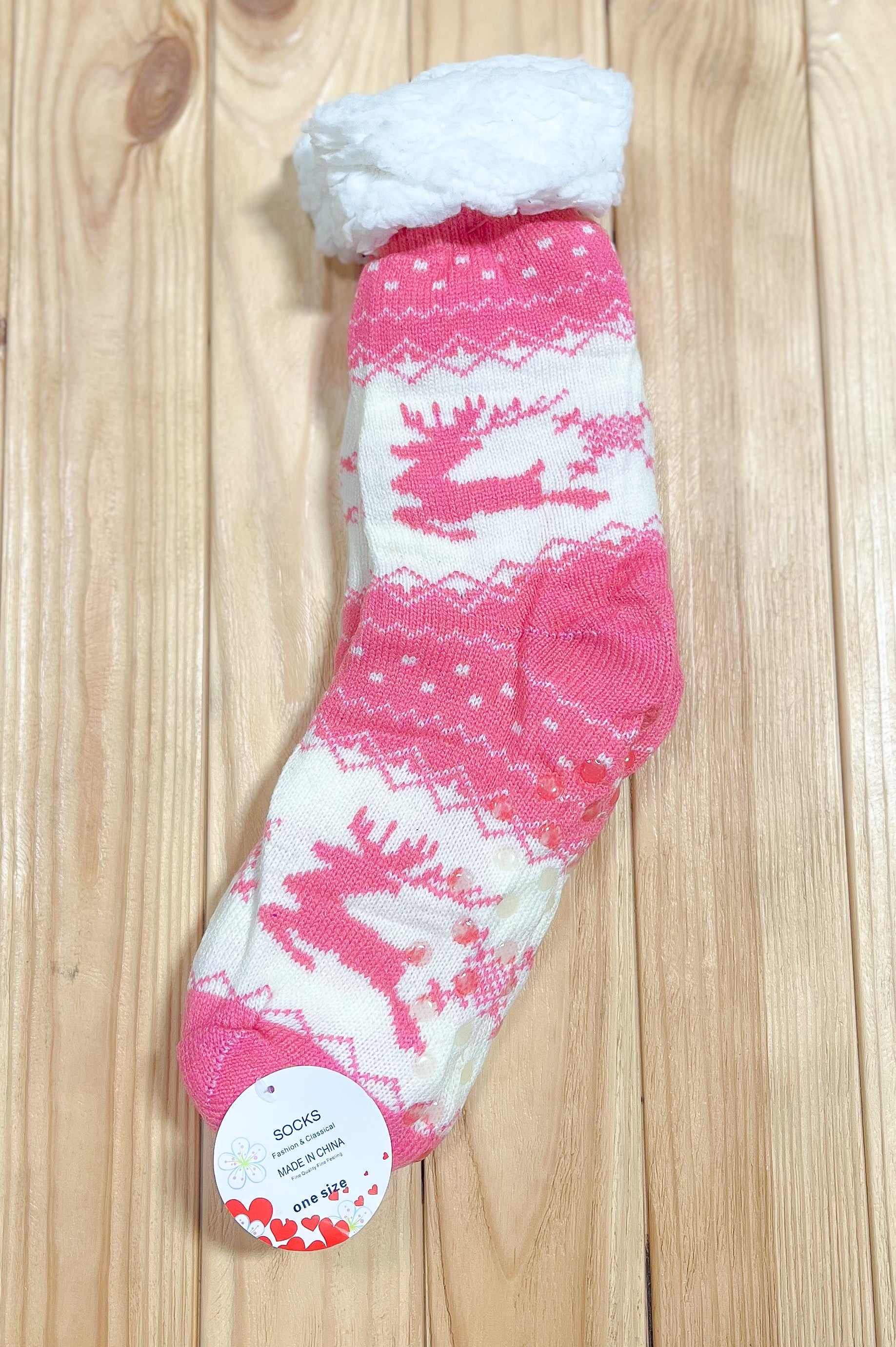 Hot Pink Reindeer Sherpa Traction Bottom Slipper Socks Fashion & Classical