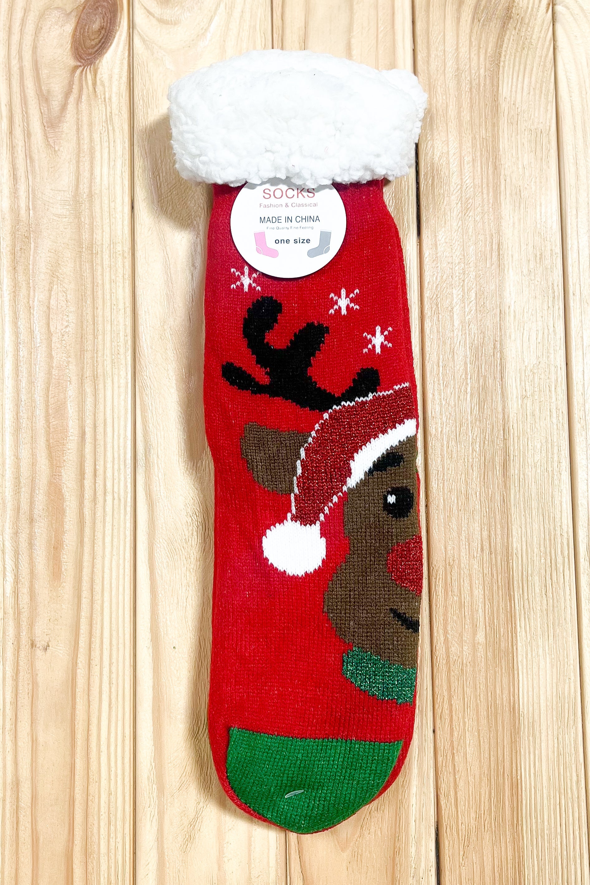 Red Reindeer Sherpa Traction Bottom Slipper Socks Fashion & Classical