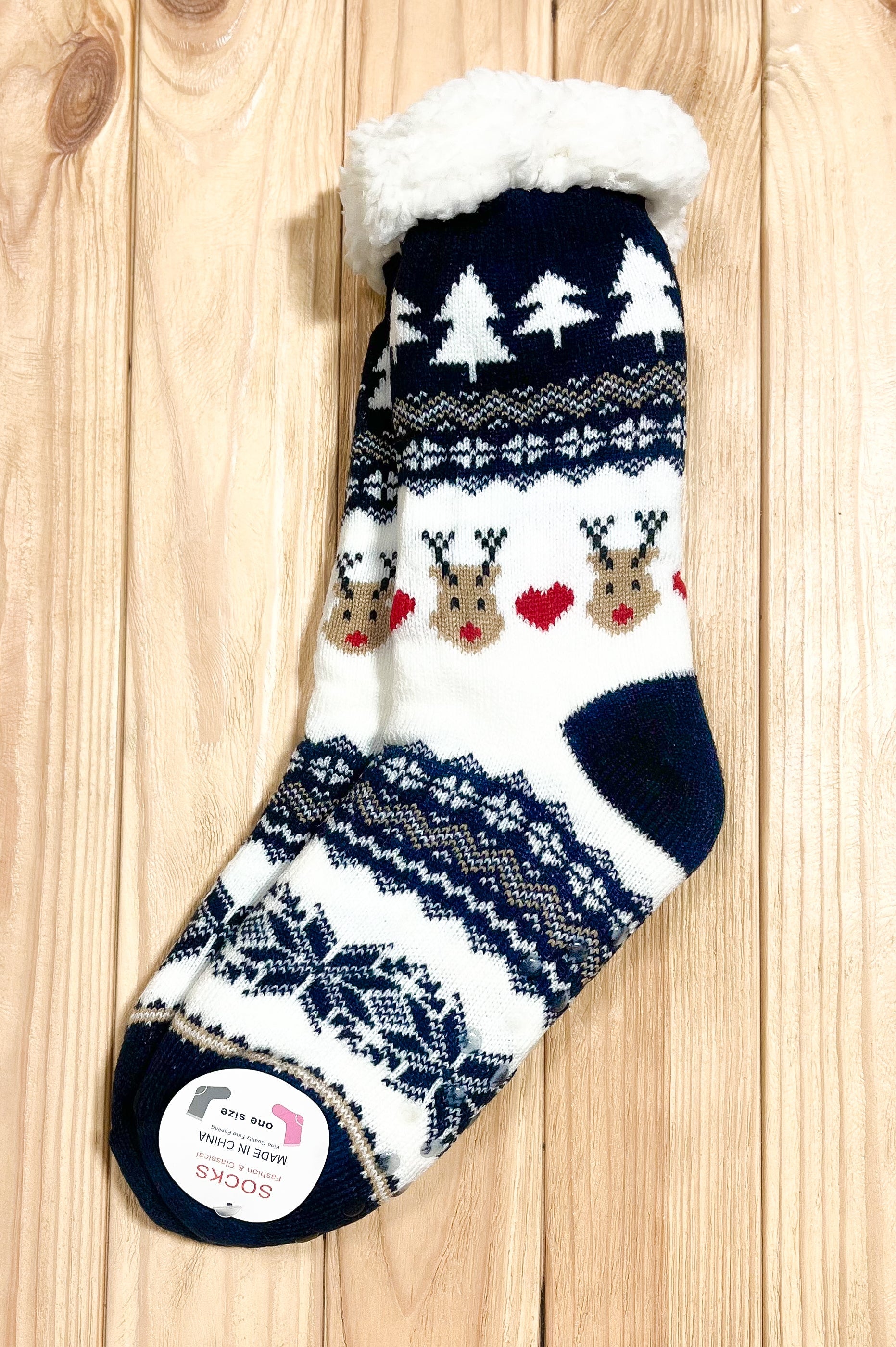 Navy Heart Reindeer Sherpa Traction Bottom Slipper Socks Fashion & Classical