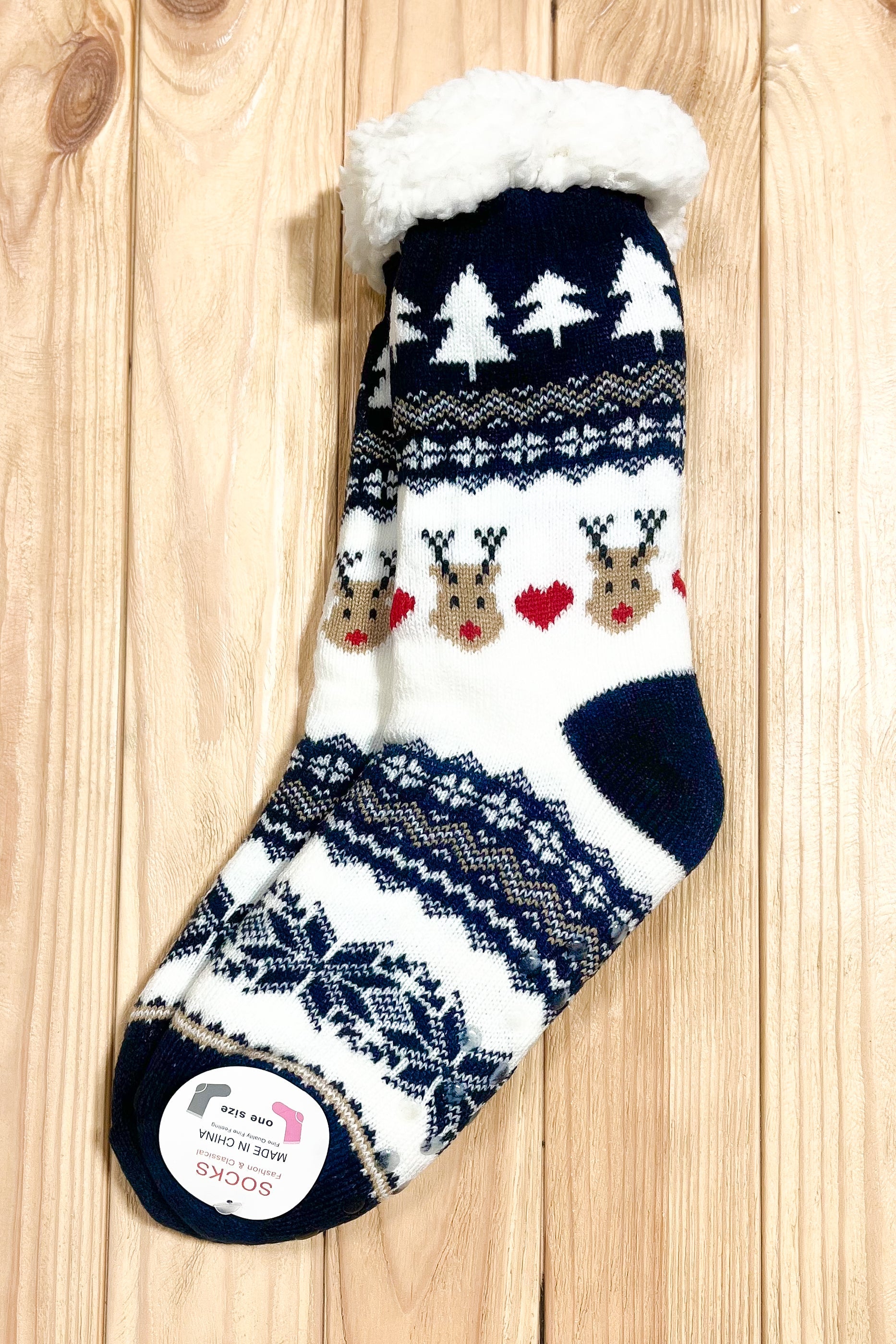 Navy Heart Reindeer Sherpa Traction Bottom Slipper Socks Fashion & Classical