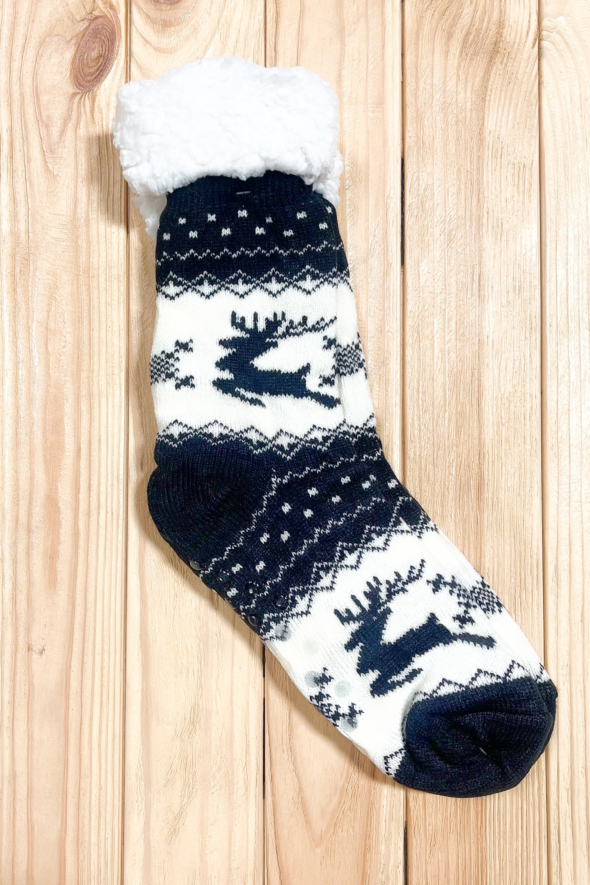 Black Reindeer Sherpa Traction Bottom Slipper Socks Fashion & Classical