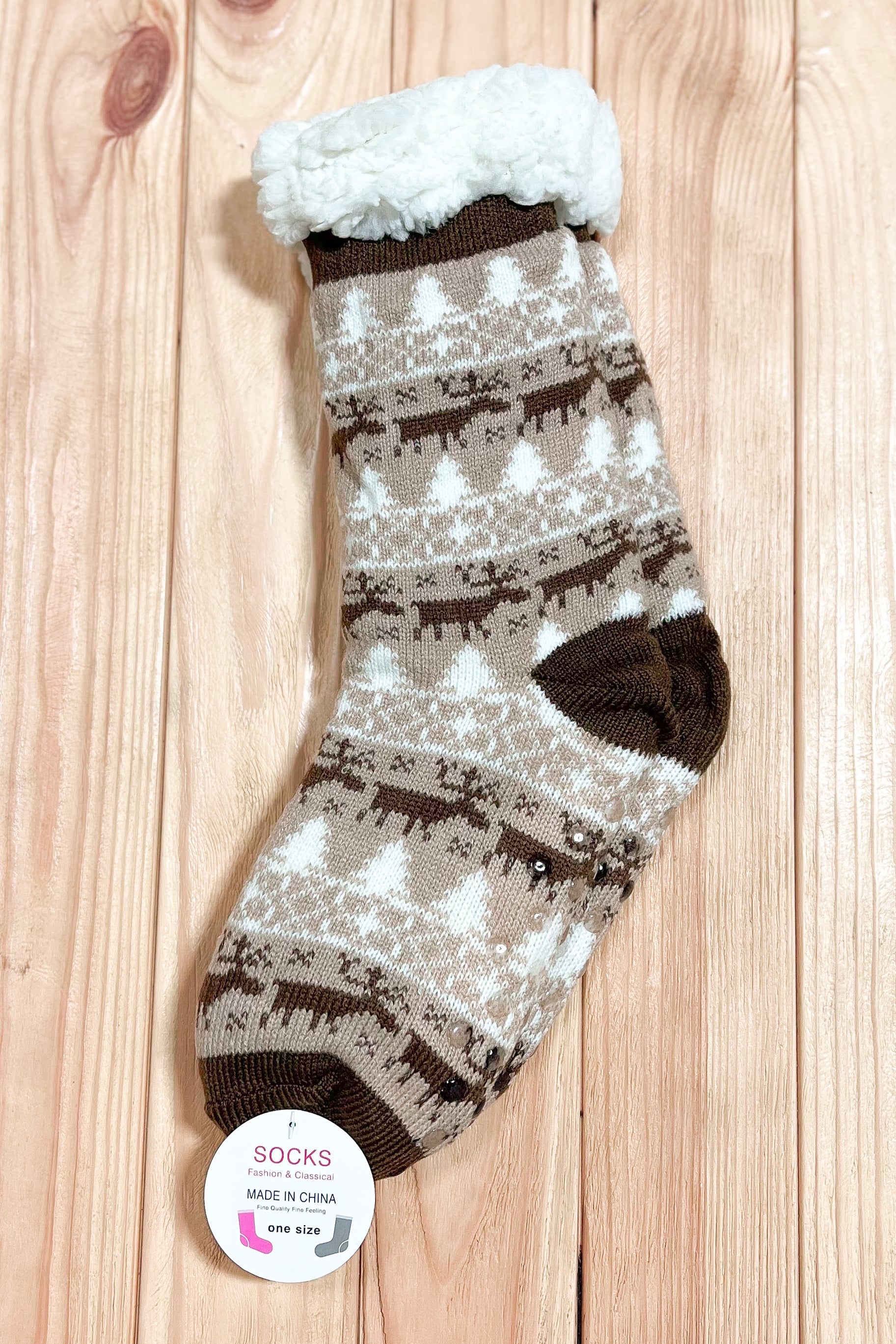 Brown Reindeer Sherpa Traction Bottom Slipper Socks Fashion & Classical