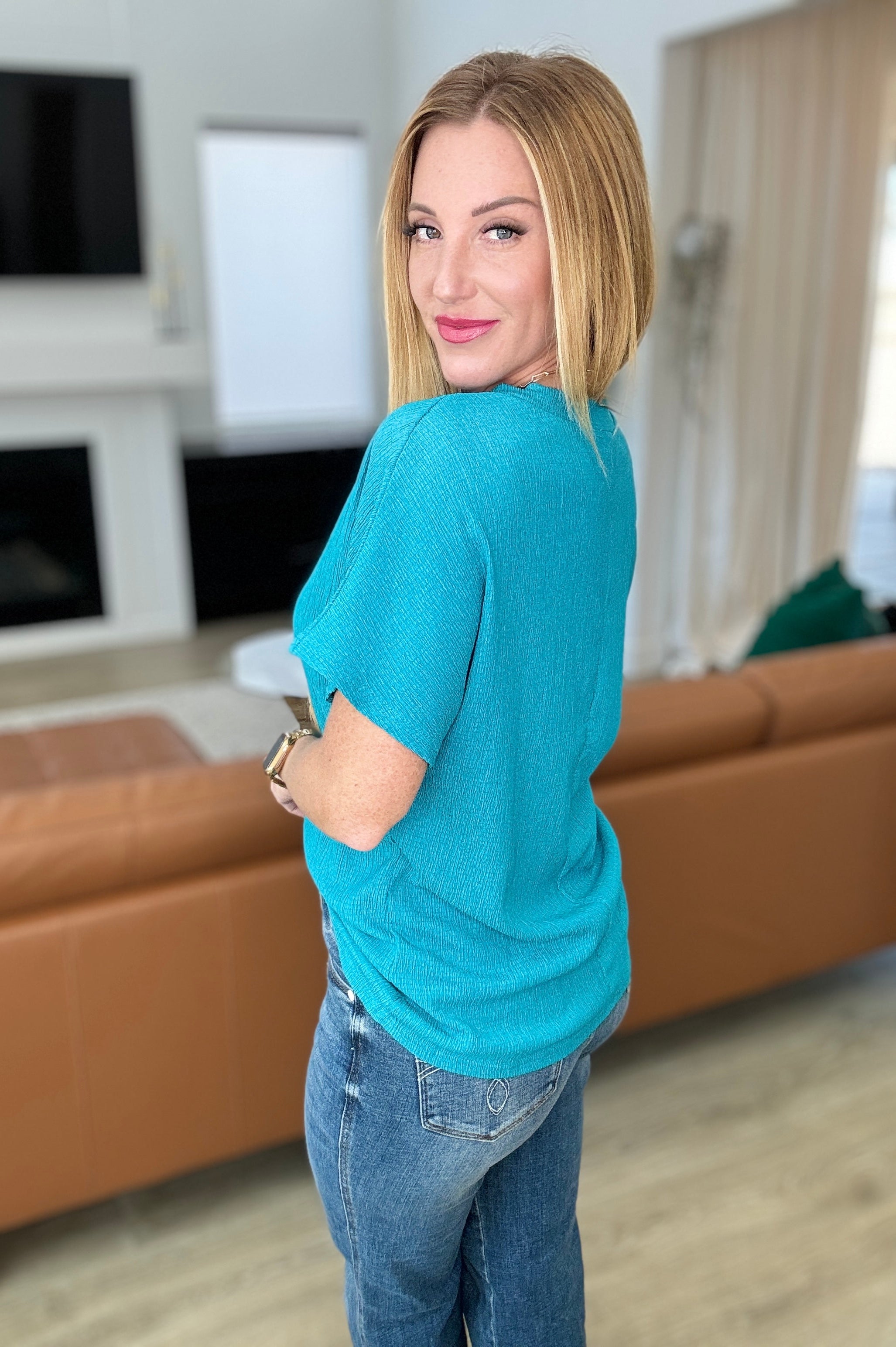 Trial and Error Textured V-Neck Blouse in Teal Ave Shops