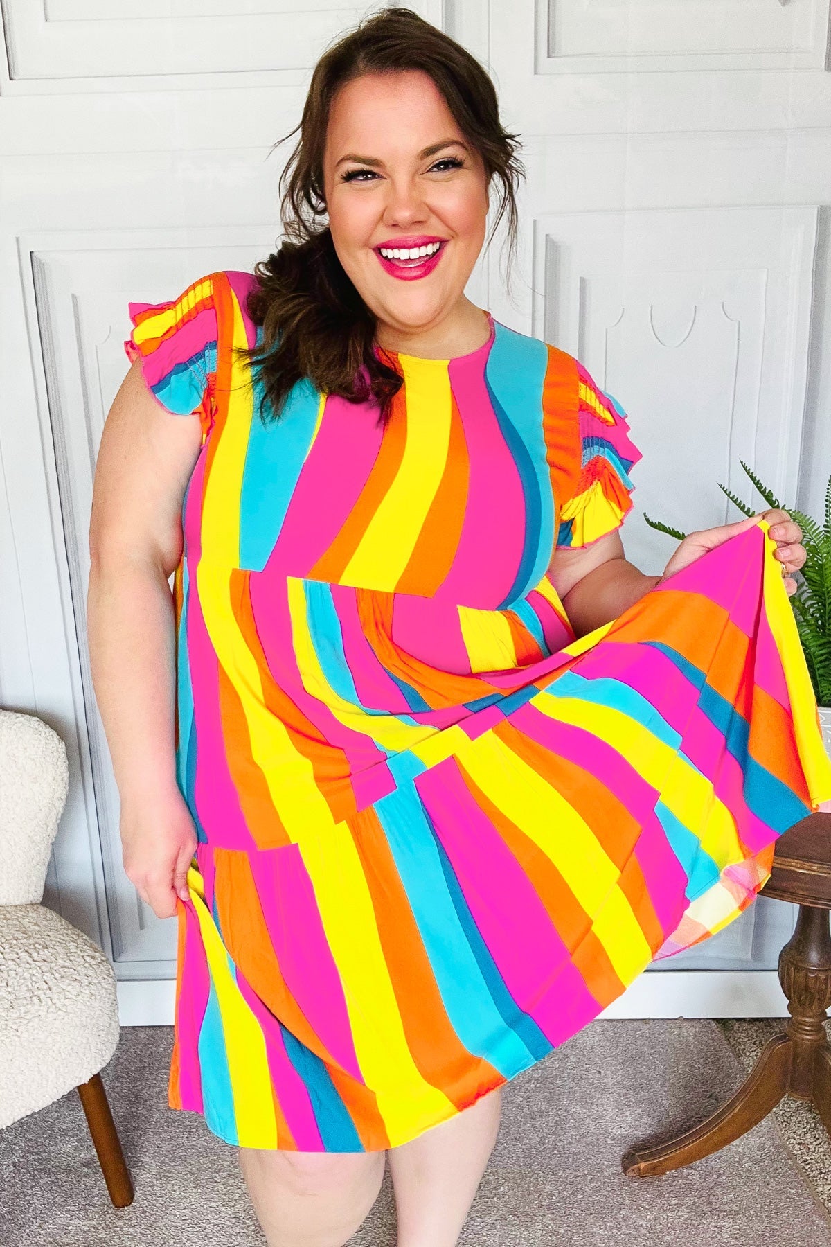 Eyes On You Multicolor Abstract Print Smocked Ruffle Sleeve Dress Haptics