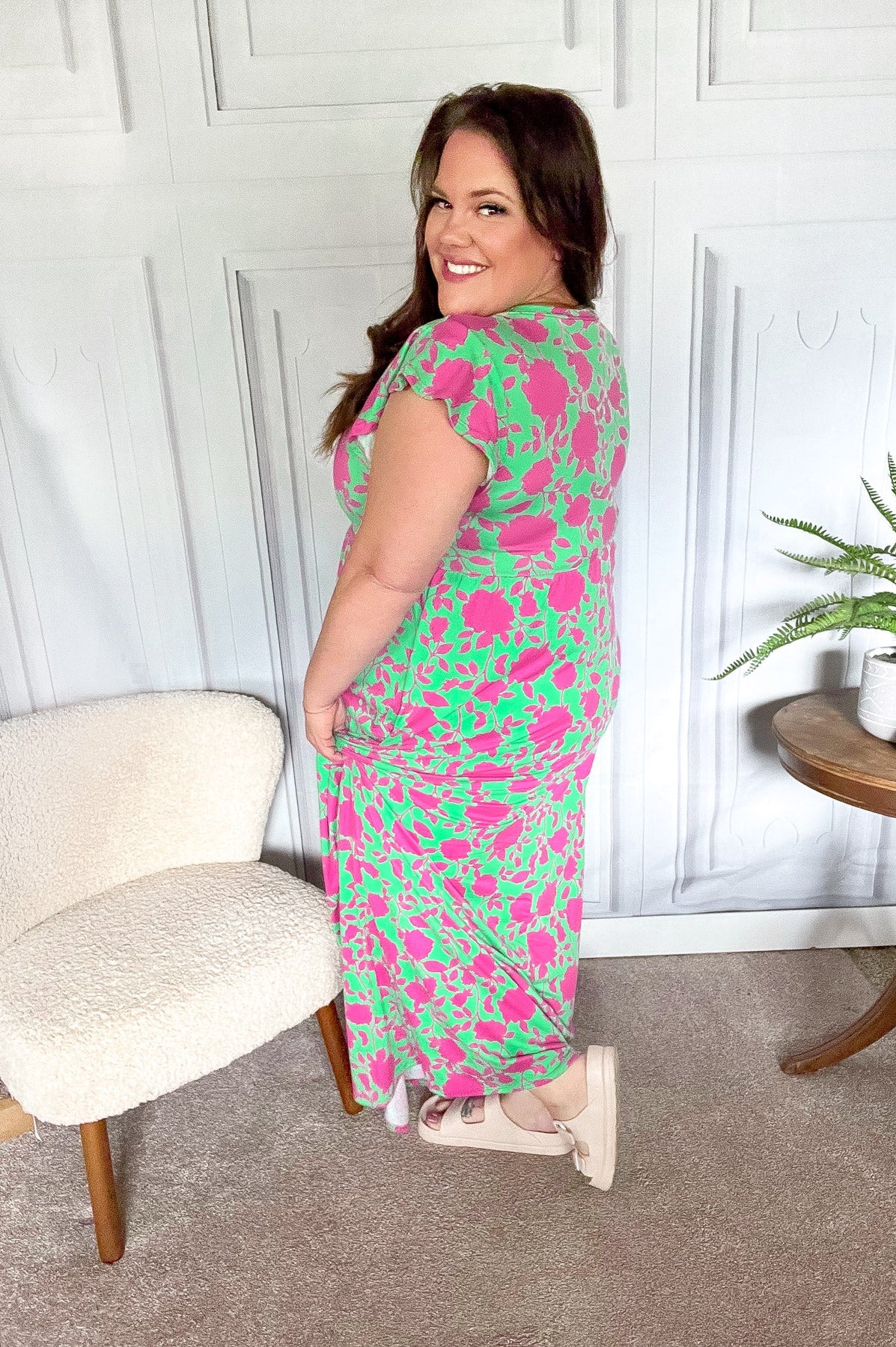Stand Out Green & Fuchsia Floral Fit & Flare Maxi Dress Haptics