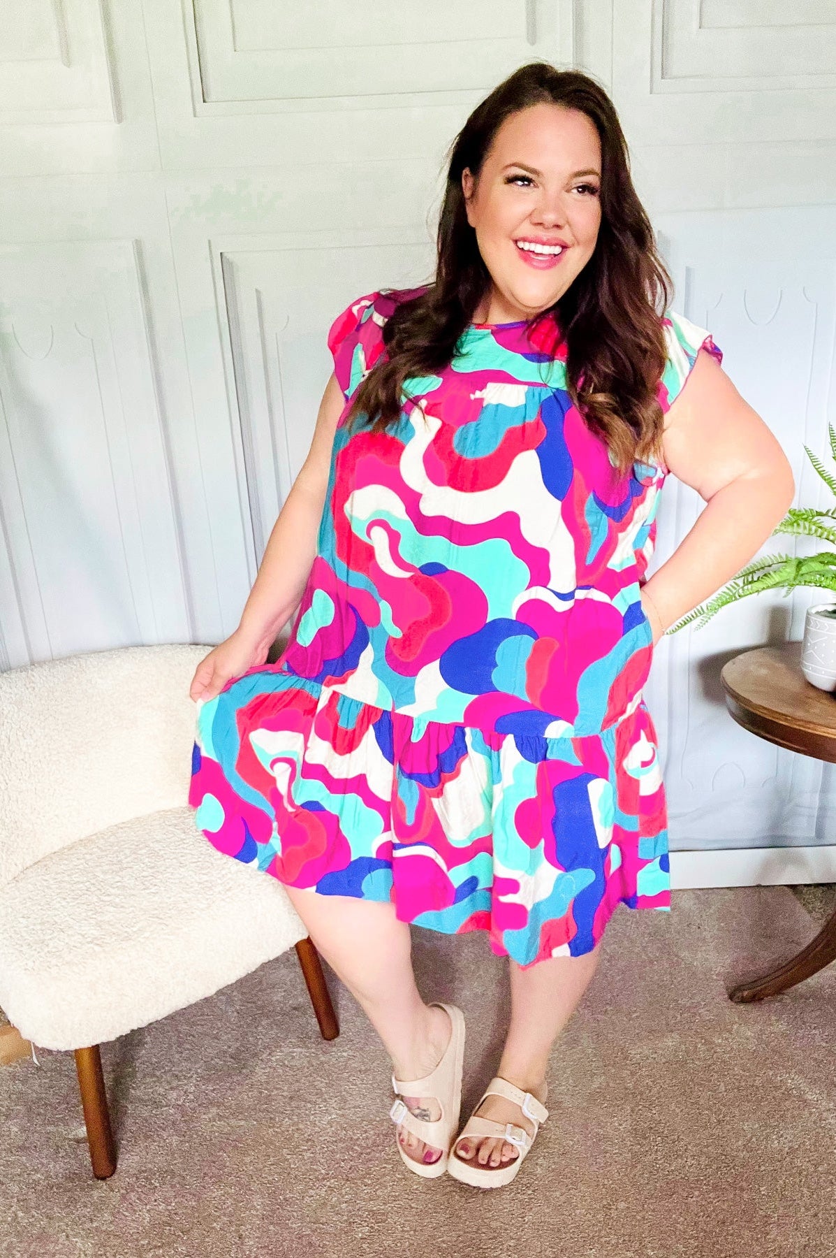 Go For Fun Fuchsia Geo Print Tiered Ruffle Sleeve Woven Dress Haptics