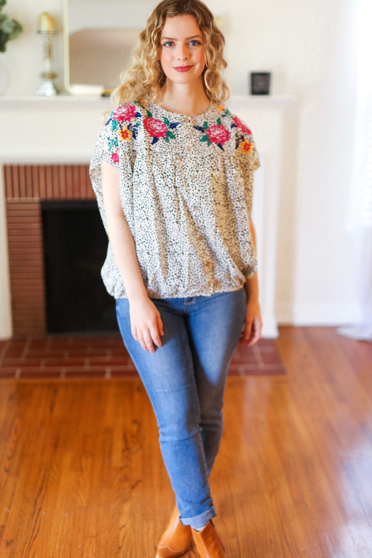 Perfectly Poised Ivory Animal Print Floral Embroidery Button Down Top ODDI