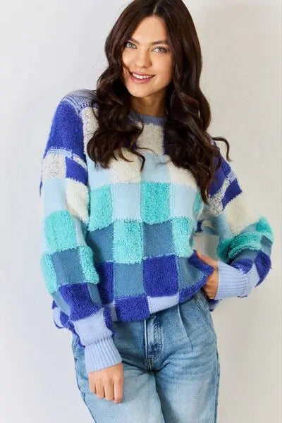 J.NNA Checkered Round Neck Long Sleeve Sweater Trendsi