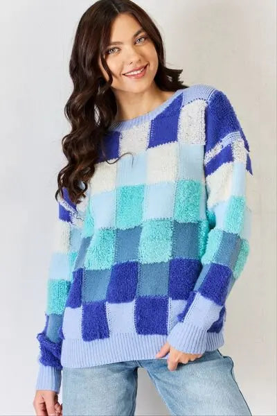 J.NNA Checkered Round Neck Long Sleeve Sweater Trendsi