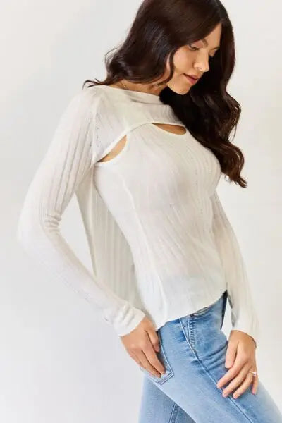 J.NNA Fitted Long Sleeve Cutout Top Trendsi