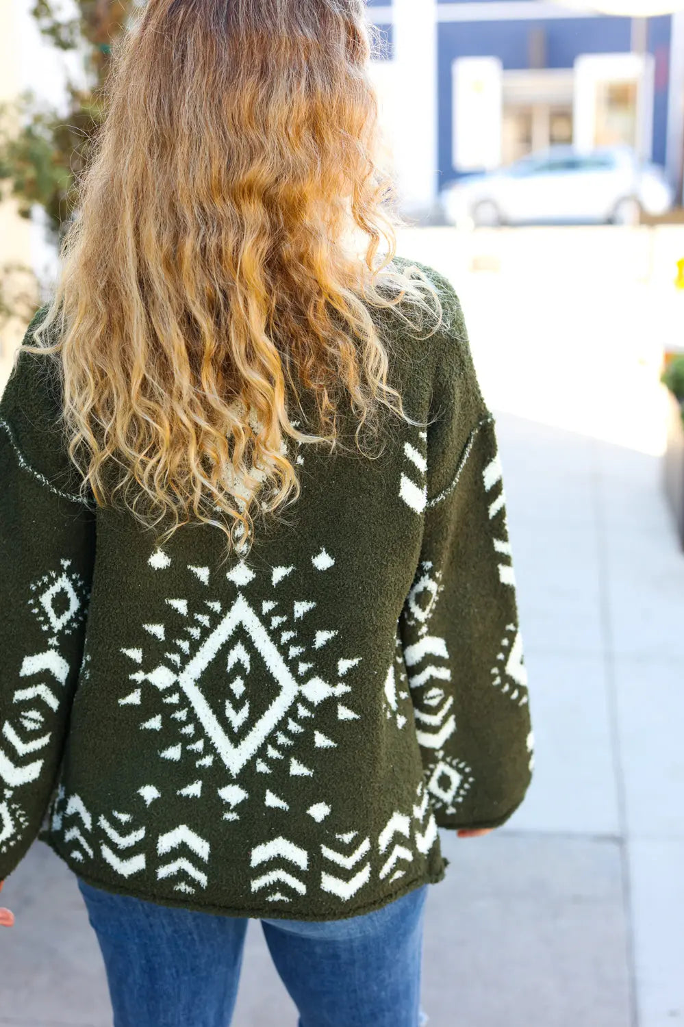 Just A Feeling Olive Aztec Print Fuzzy Sweater BIBI