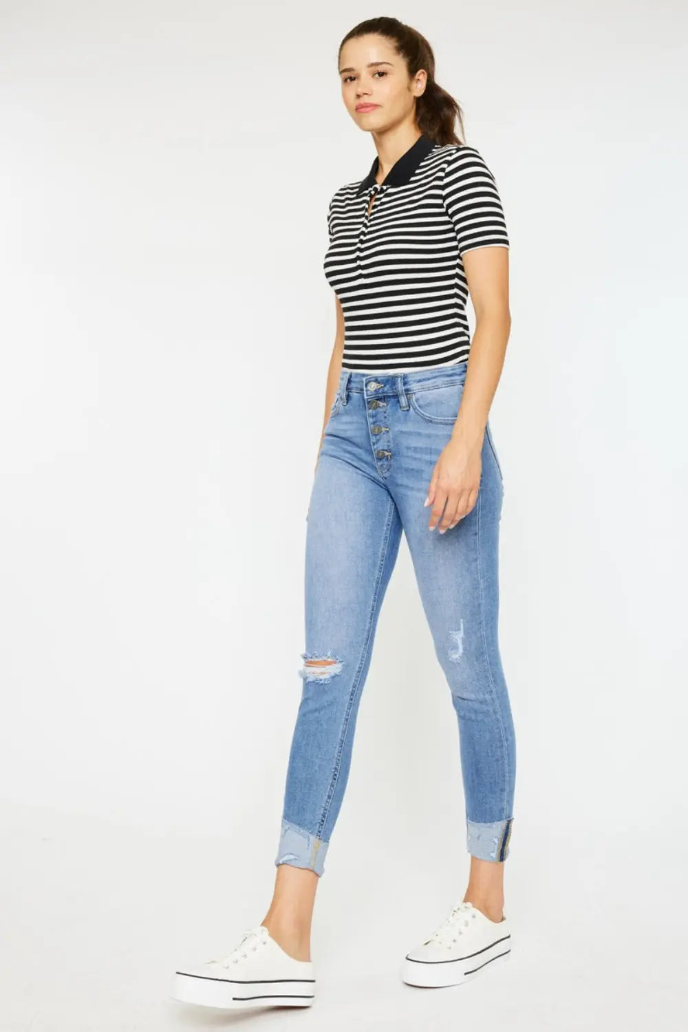 Kancan Distressed Cat's Whiskers Button Fly Jeans Trendsi
