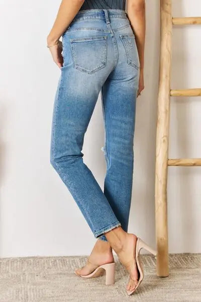 Kancan High Rise Distressed Slim Straight Jeans Trendsi