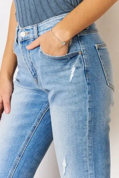 Kancan High Rise Distressed Slim Straight Jeans Trendsi