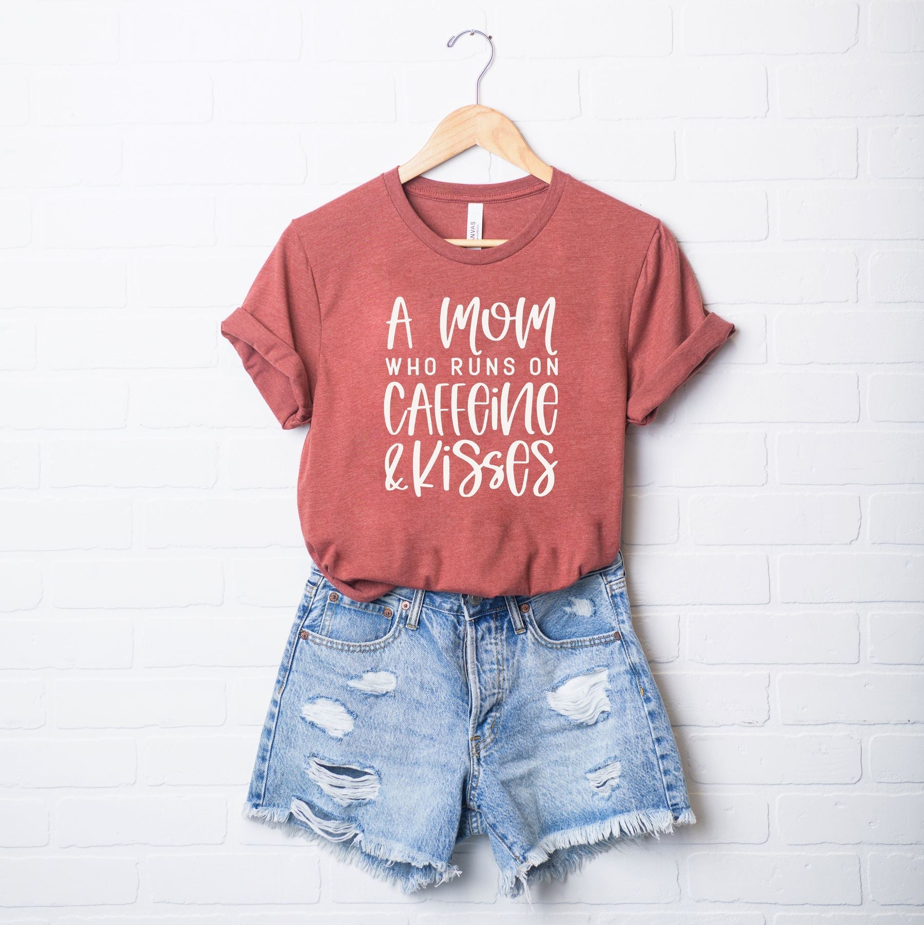 A Mom Who Runs On Caffeine And Kisses | Short Sleeve Crew Neck Olive and Ivory Retail