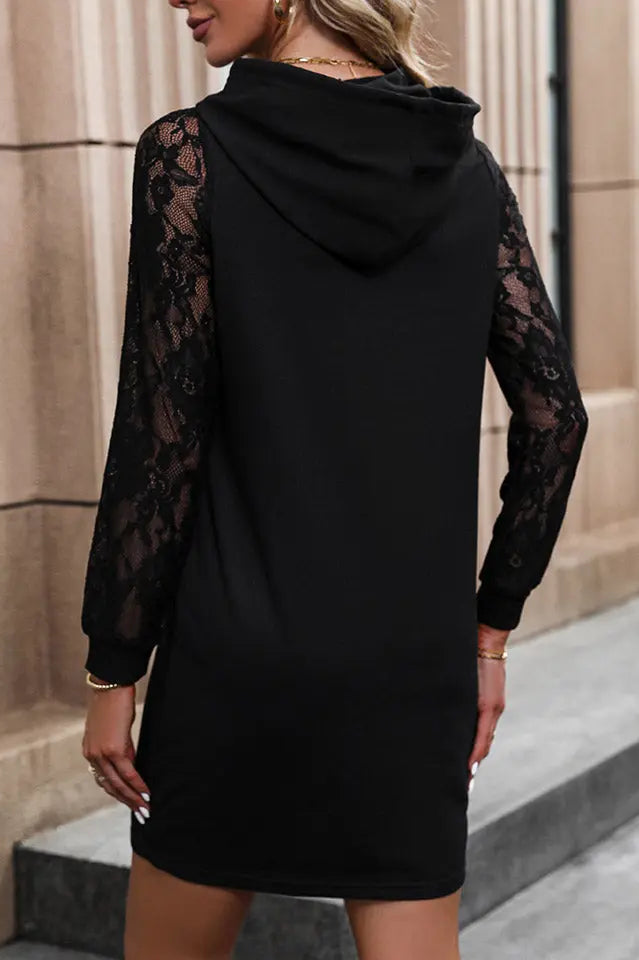 Lace Trim Long Sleeve Hooded Dress Trendsi