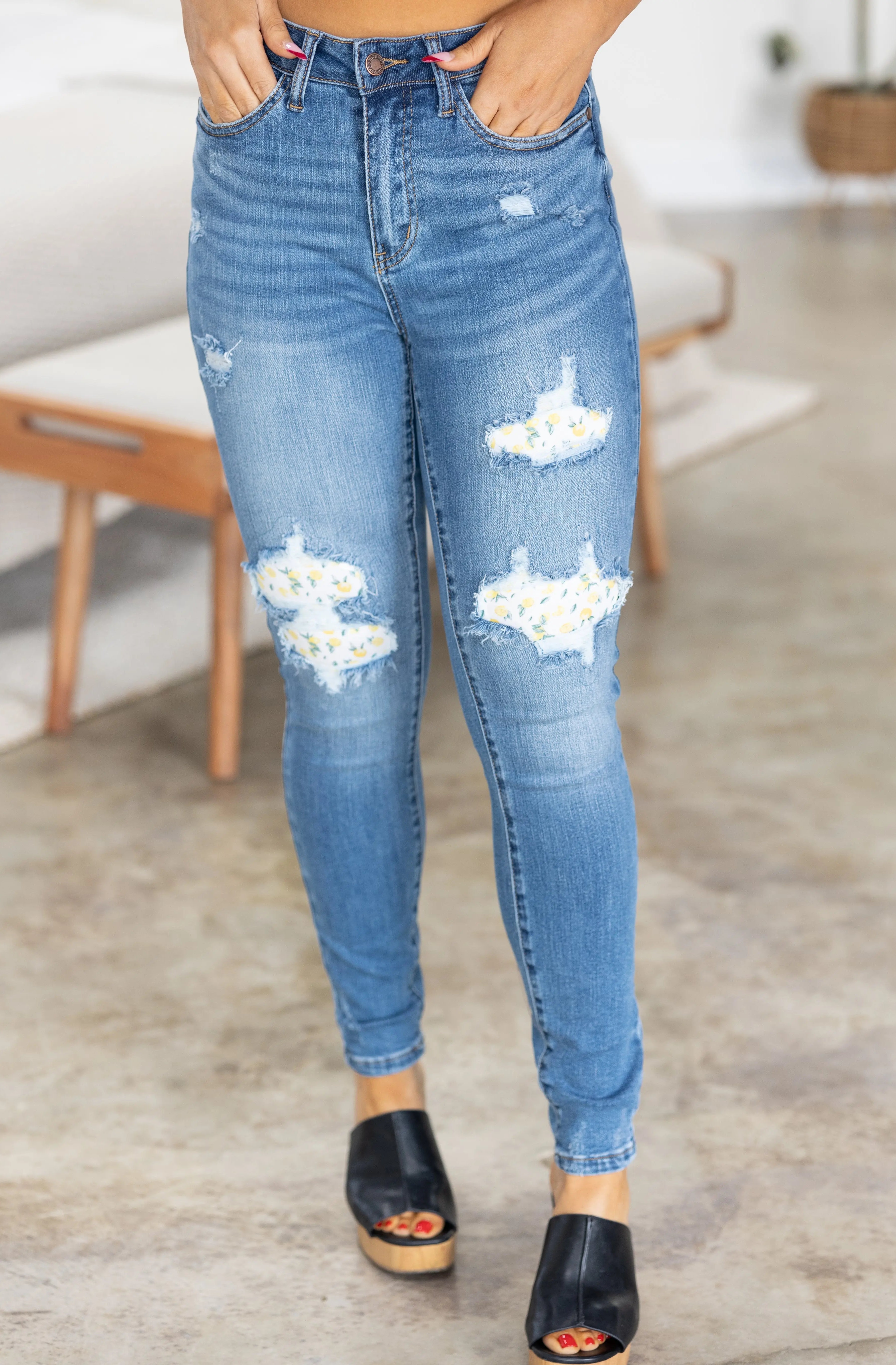 Lemon Drops Judy Blue Patched Skinnies JB Boutique Simplified